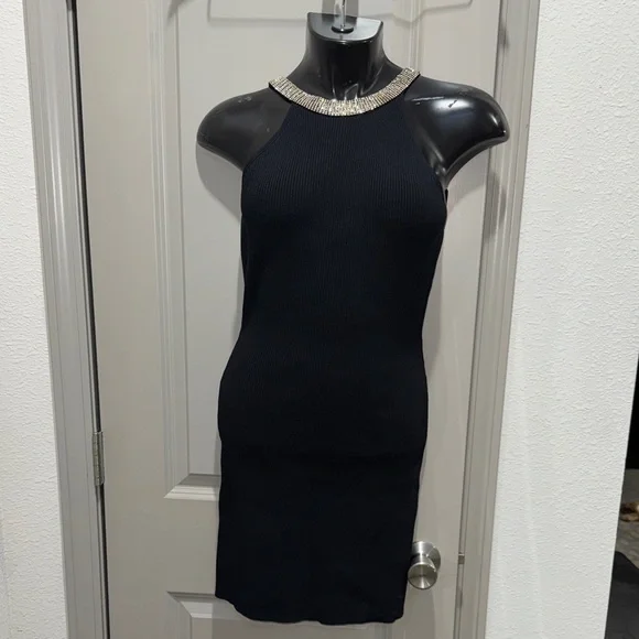 Anthropologie Endless Rose black jewel trim backless knit mini dress S - Picture 2 of 9